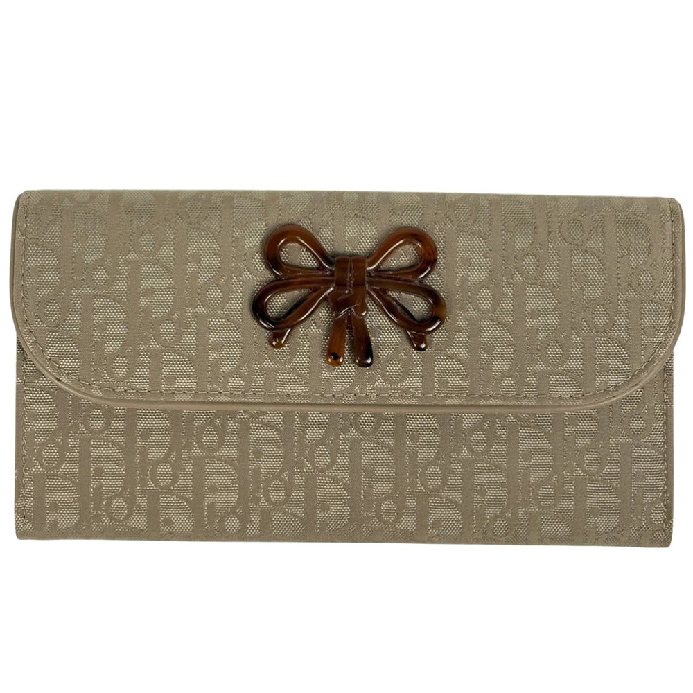 Christian Dior Trotter Bi fold Long Wallet Ribbon Canvas Beige Cream